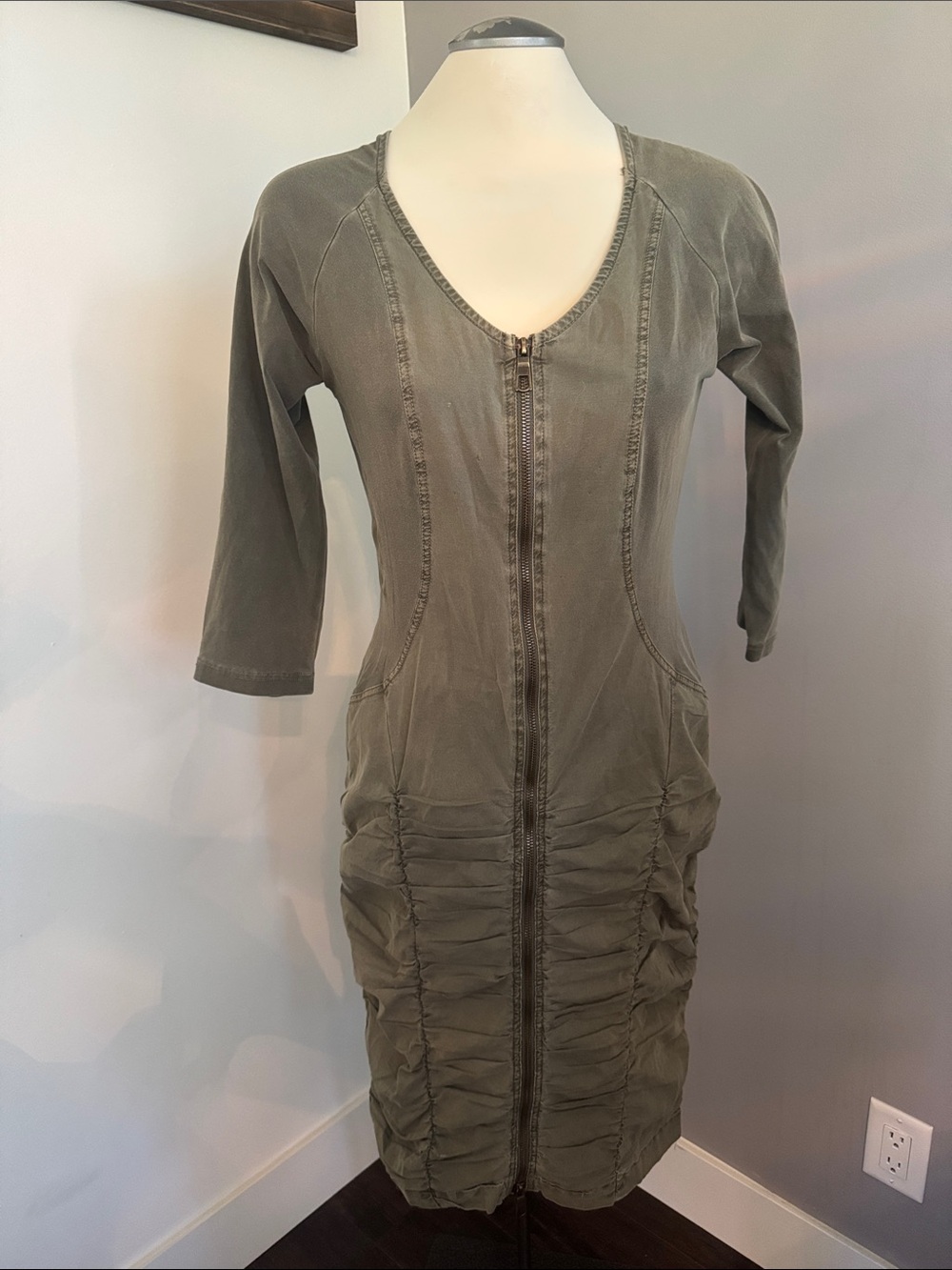 XCVI Olive Zip-Front Ruched Midi Dress